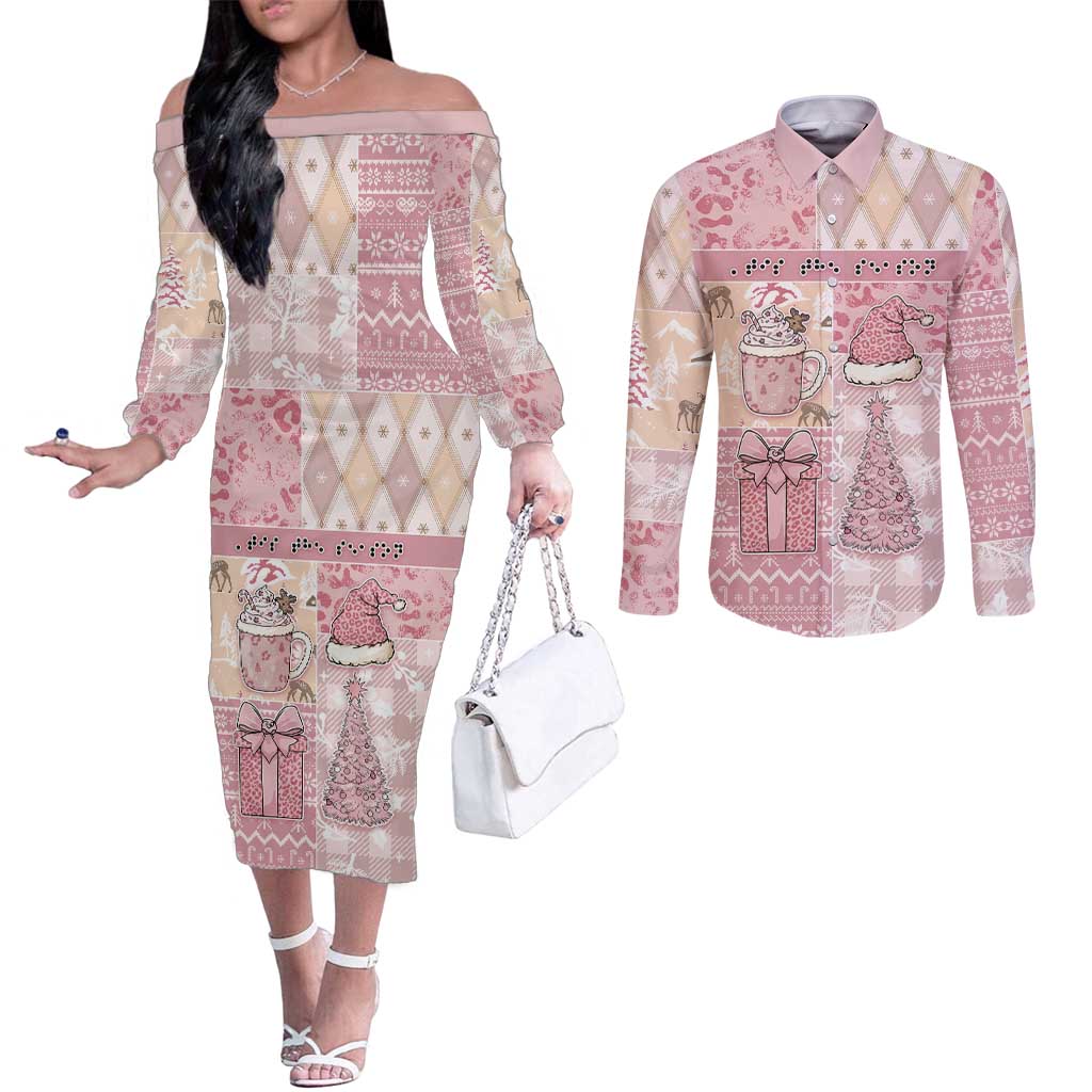 Braille Christmas Couples Matching Off The Shoulder Long Sleeve Dress and Long Sleeve Button Shirt Tis The Season Patchwork Style - Wonder Print Shop