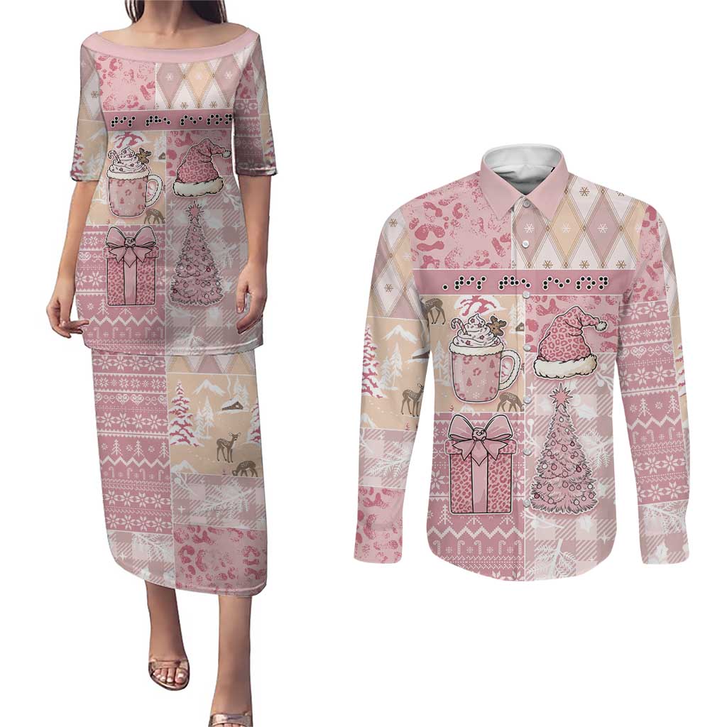 Braille Christmas Couples Matching Puletasi and Long Sleeve Button Shirt Tis The Season Patchwork Style - Wonder Print Shop