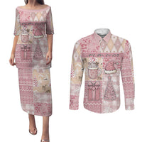 Braille Christmas Couples Matching Puletasi and Long Sleeve Button Shirt Tis The Season Patchwork Style - Wonder Print Shop