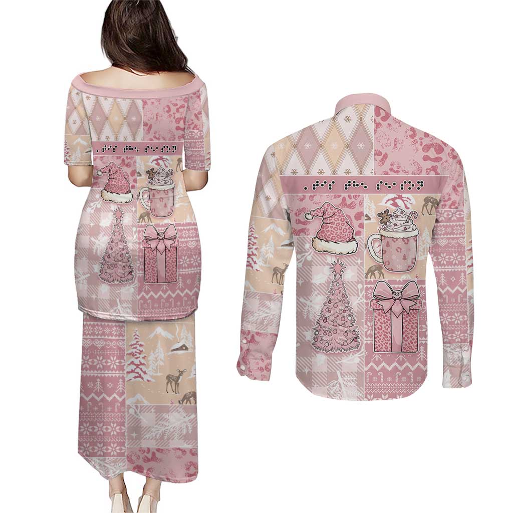 Braille Christmas Couples Matching Puletasi and Long Sleeve Button Shirt Tis The Season Patchwork Style - Wonder Print Shop