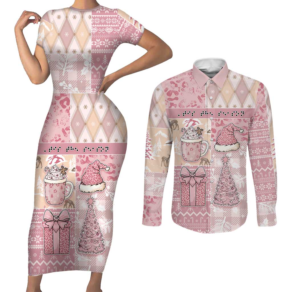 Braille Christmas Couples Matching Short Sleeve Bodycon Dress and Long Sleeve Button Shirt Tis The Season Patchwork Style - Wonder Print Shop
