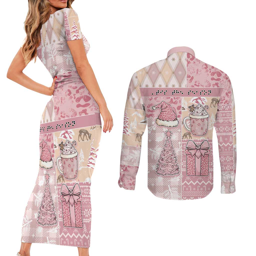 Braille Christmas Couples Matching Short Sleeve Bodycon Dress and Long Sleeve Button Shirt Tis The Season Patchwork Style - Wonder Print Shop