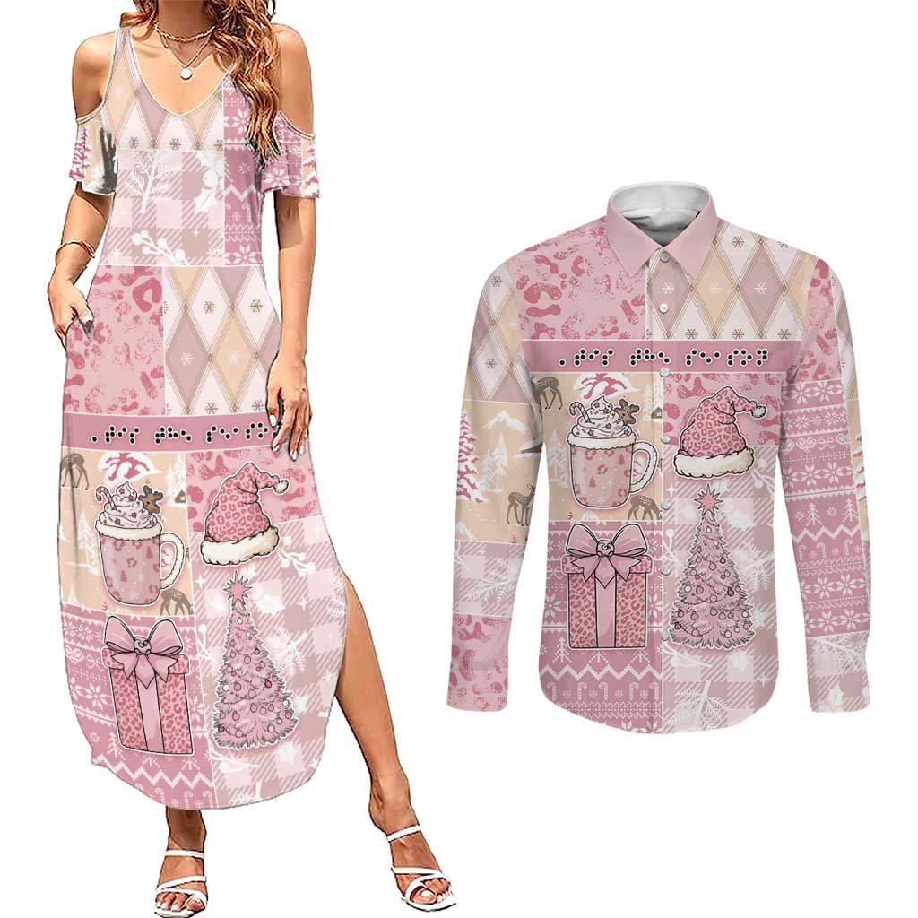 Braille Christmas Couples Matching Summer Maxi Dress and Long Sleeve Button Shirt Tis The Season Patchwork Style - Wonder Print Shop