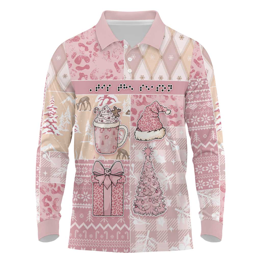 Braille Christmas Long Sleeve Polo Shirt Tis The Season Patchwork Style - Wonder Print Shop