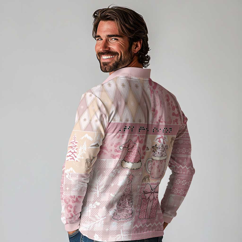 Braille Christmas Long Sleeve Polo Shirt Tis The Season Patchwork Style - Wonder Print Shop