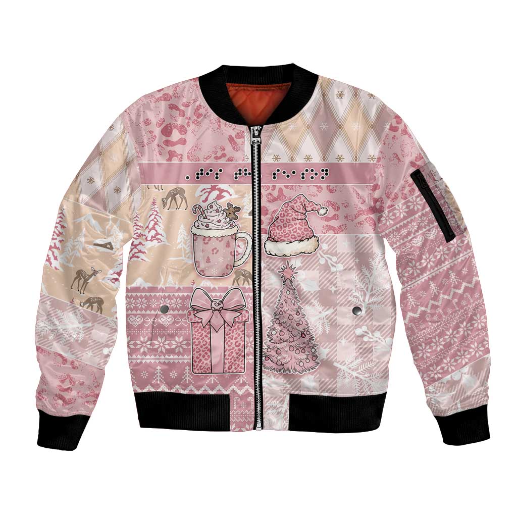 Braille Christmas Sleeve Zip Bomber Jacket Tis The Season Patchwork Style - Wonder Print Shop