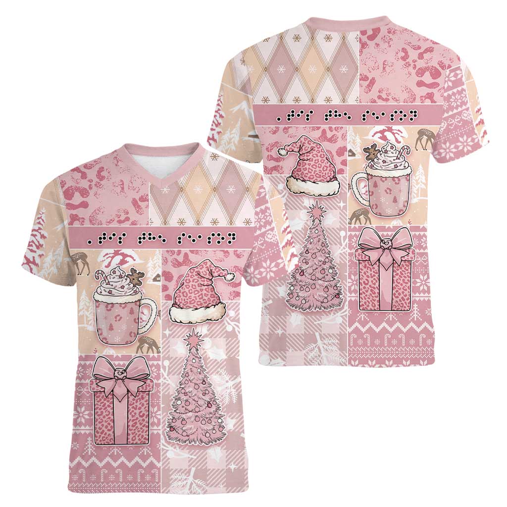 Braille Christmas Women V-Neck T-Shirt Tis The Season Patchwork Style - Wonder Print Shop