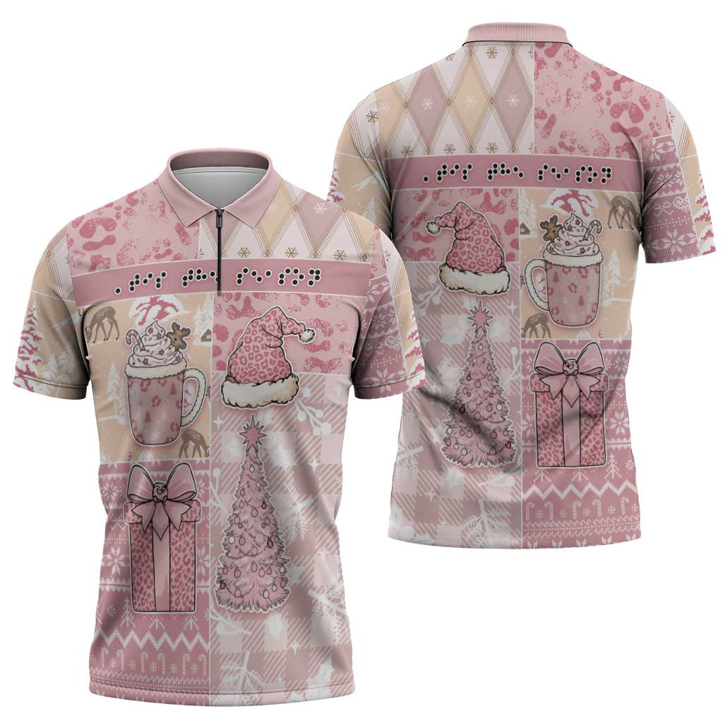Braille Christmas Zipper Polo Shirt Tis The Season Patchwork Style - Wonder Print Shop