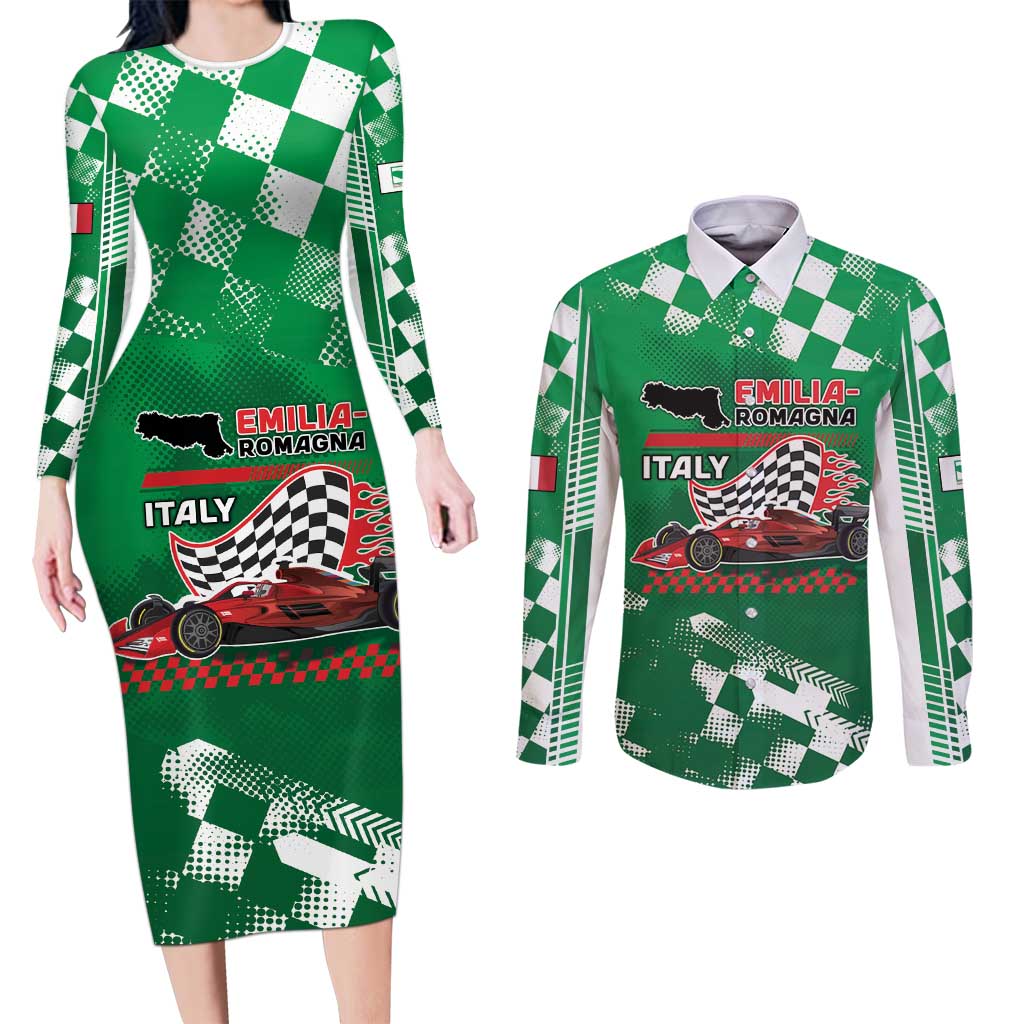 Custom Italy Emilia-Romagna Couples Matching Long Sleeve Bodycon Dress and Long Sleeve Button Shirt Italian Race Circuit - Wonder Print Shop