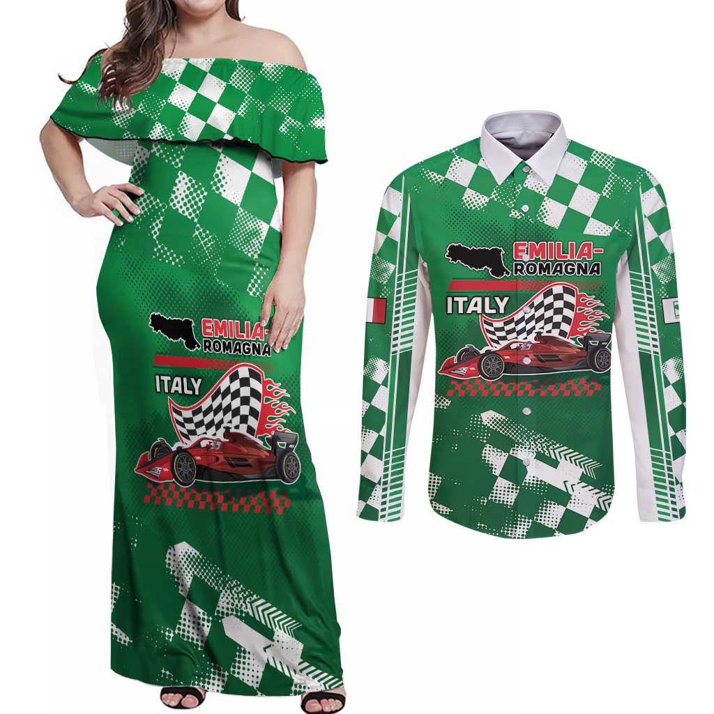 Custom Italy Emilia-Romagna Couples Matching Off Shoulder Maxi Dress and Long Sleeve Button Shirt Italian Race Circuit - Wonder Print Shop