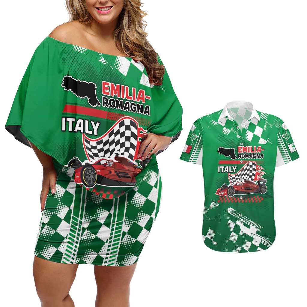 Custom Italy Emilia-Romagna Couples Matching Off Shoulder Short Dress and Hawaiian Shirt Italian Race Circuit - Wonder Print Shop