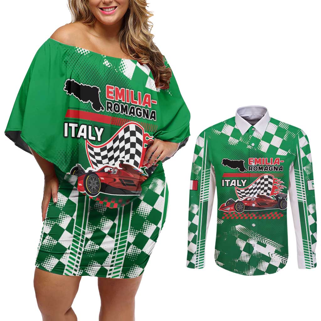Custom Italy Emilia-Romagna Couples Matching Off Shoulder Short Dress and Long Sleeve Button Shirt Italian Race Circuit - Wonder Print Shop