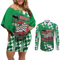 Custom Italy Emilia-Romagna Couples Matching Off Shoulder Short Dress and Long Sleeve Button Shirt Italian Race Circuit - Wonder Print Shop