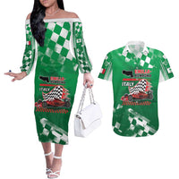 Custom Italy Emilia-Romagna Couples Matching Off The Shoulder Long Sleeve Dress and Hawaiian Shirt Italian Race Circuit - Wonder Print Shop