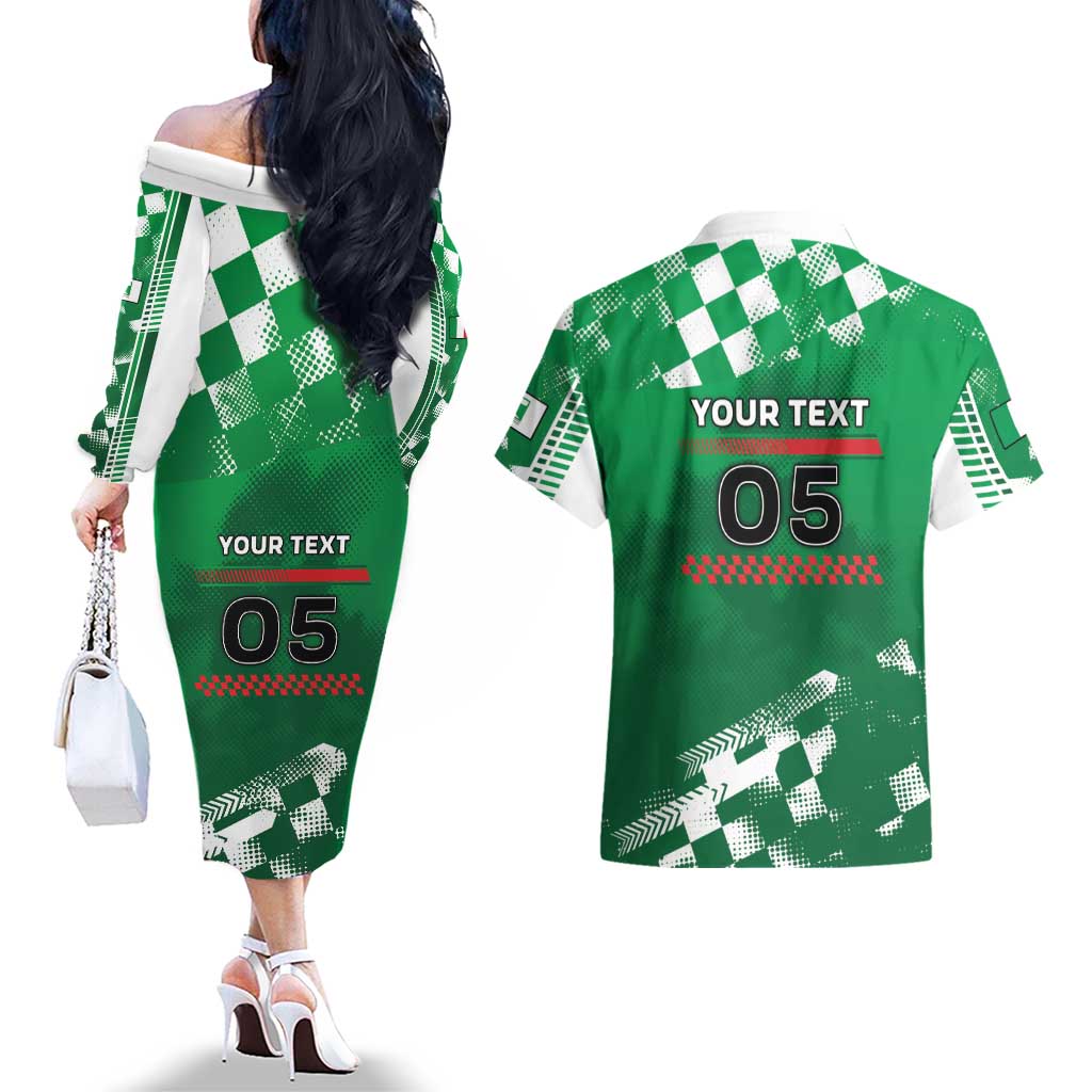 Custom Italy Emilia-Romagna Couples Matching Off The Shoulder Long Sleeve Dress and Hawaiian Shirt Italian Race Circuit - Wonder Print Shop