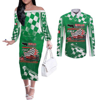 Custom Italy Emilia-Romagna Couples Matching Off The Shoulder Long Sleeve Dress and Long Sleeve Button Shirt Italian Race Circuit - Wonder Print Shop