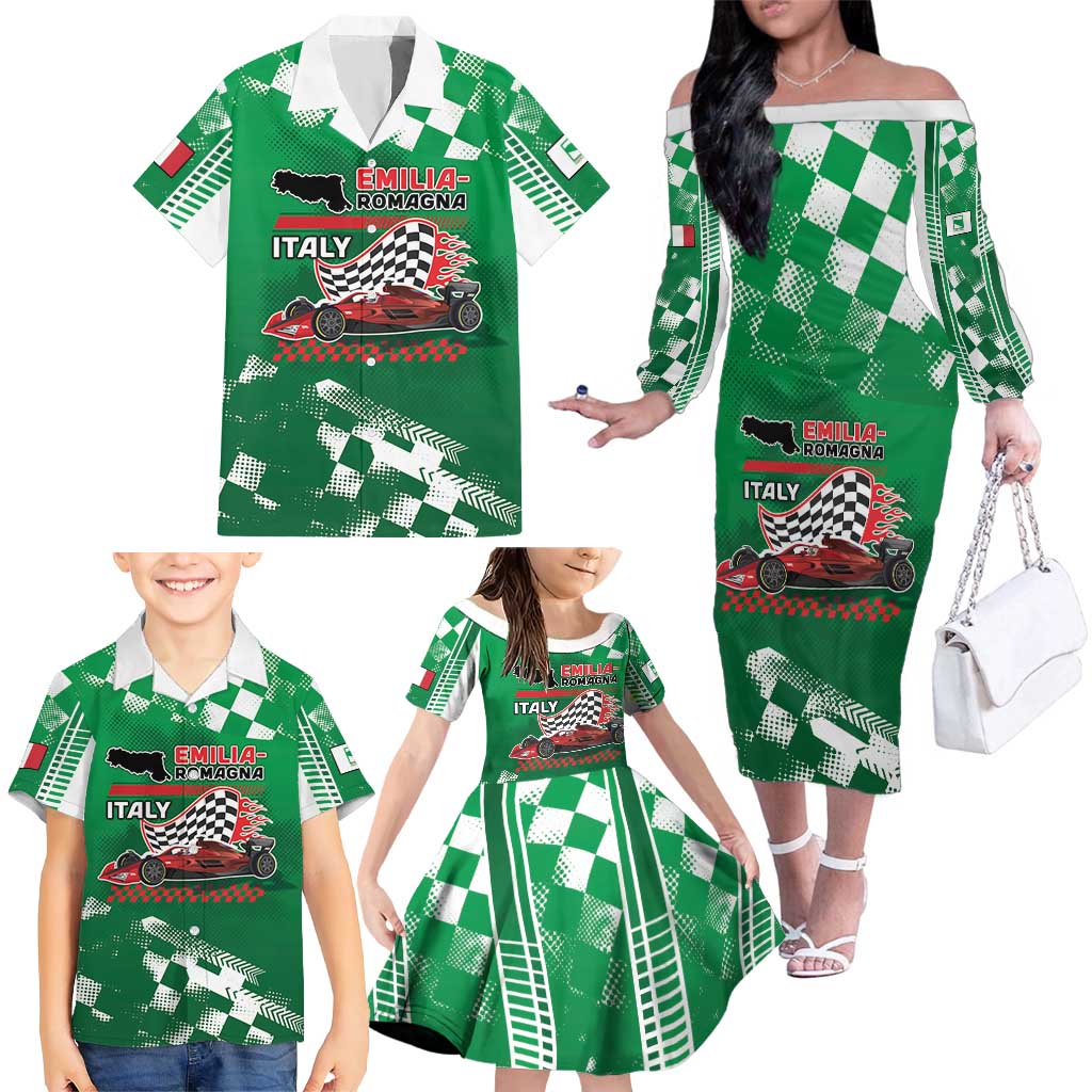 Custom Italy Emilia-Romagna Family Matching Off The Shoulder Long Sleeve Dress and Hawaiian Shirt Italian Race Circuit - Wonder Print Shop