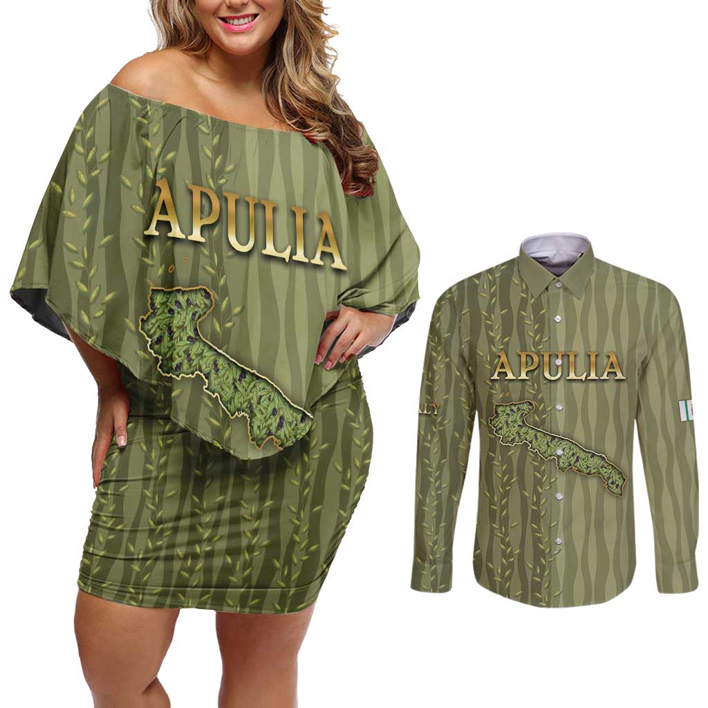 Personalized Italy Apulia Couples Matching Off Shoulder Short Dress and Long Sleeve Button Shirt Olive Garden Classic Style