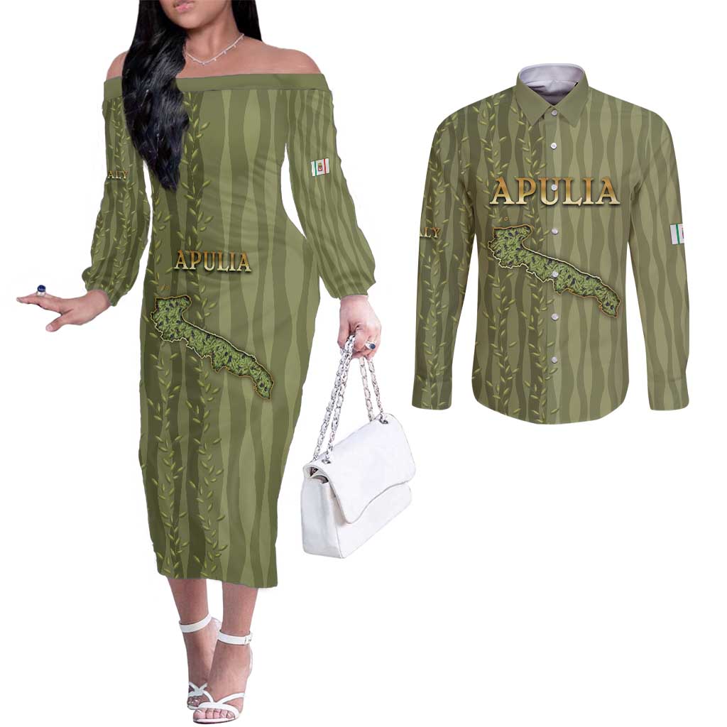 Personalized Italy Apulia Couples Matching Off The Shoulder Long Sleeve Dress and Long Sleeve Button Shirt Olive Garden Classic Style