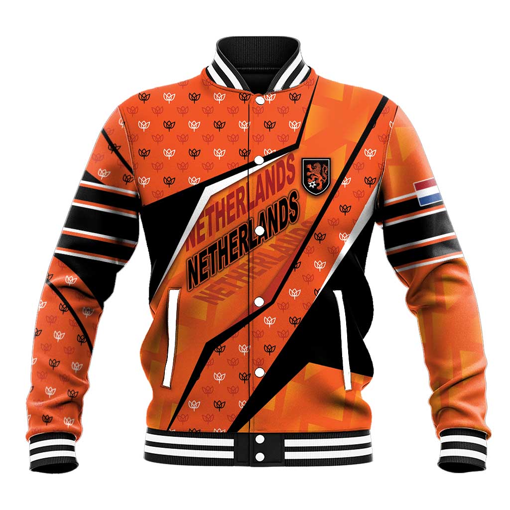 Custom Netherlands Football Baseball Jacket Dynamic Diagonal Stripe With Tulip Floral Patterns