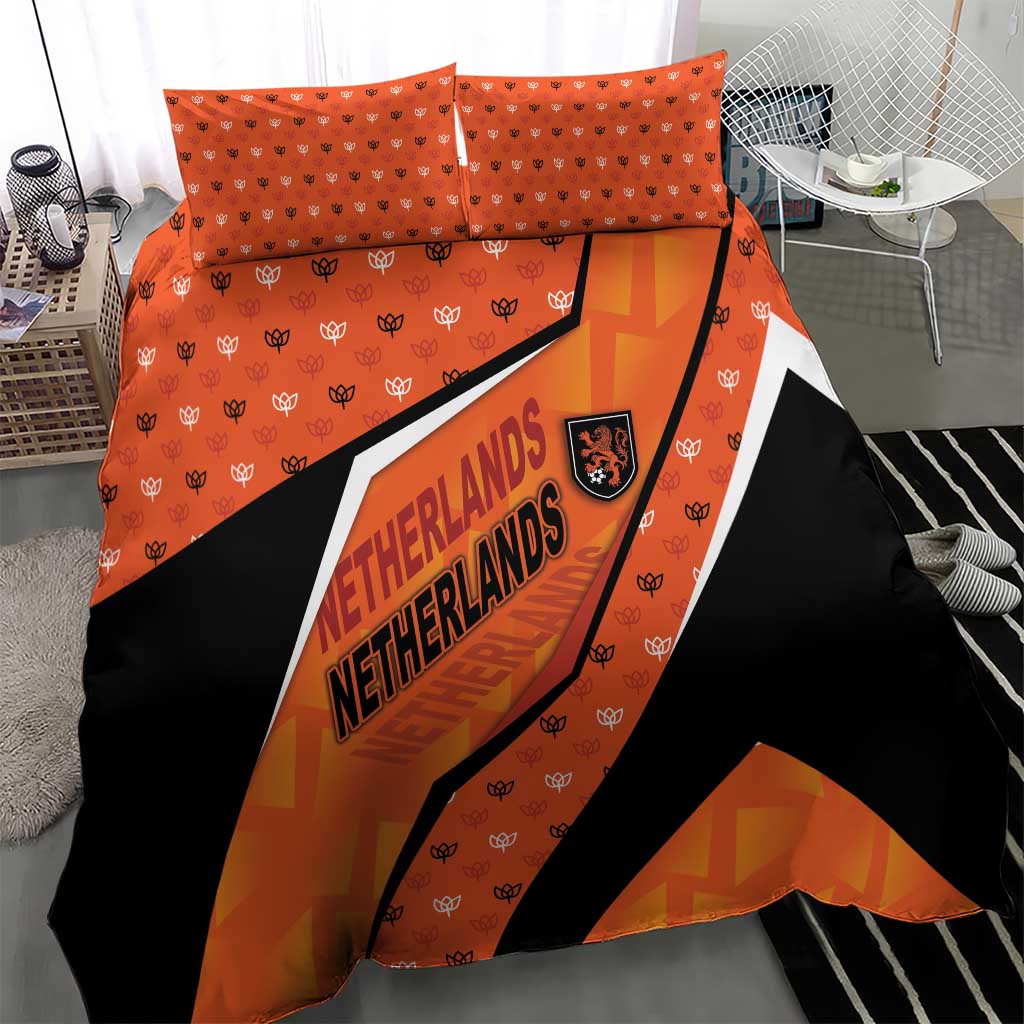 Netherlands Football Bedding Set Dynamic Diagonal Stripe With Tulip Floral Patterns
