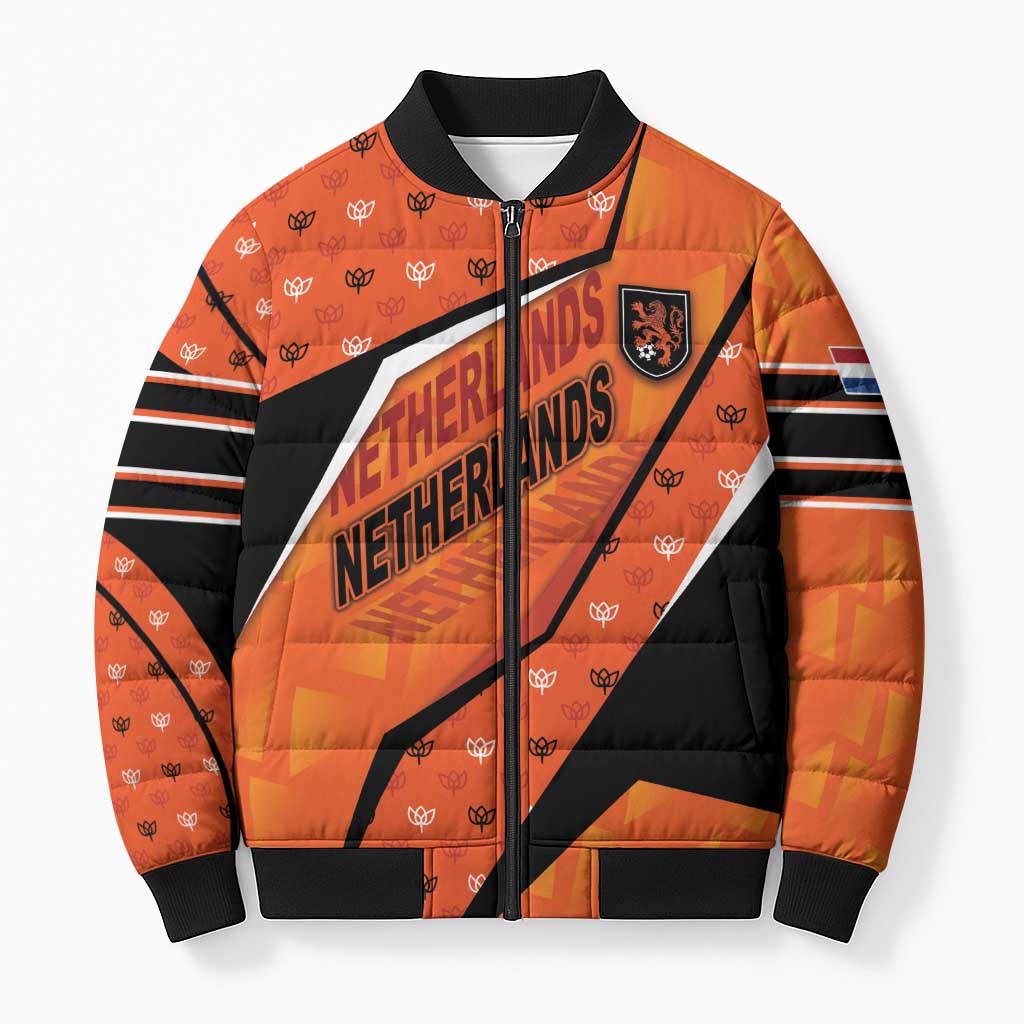 Custom Netherlands Football Bomber Puffer Jacket Dynamic Diagonal Stripe With Tulip Floral Patterns