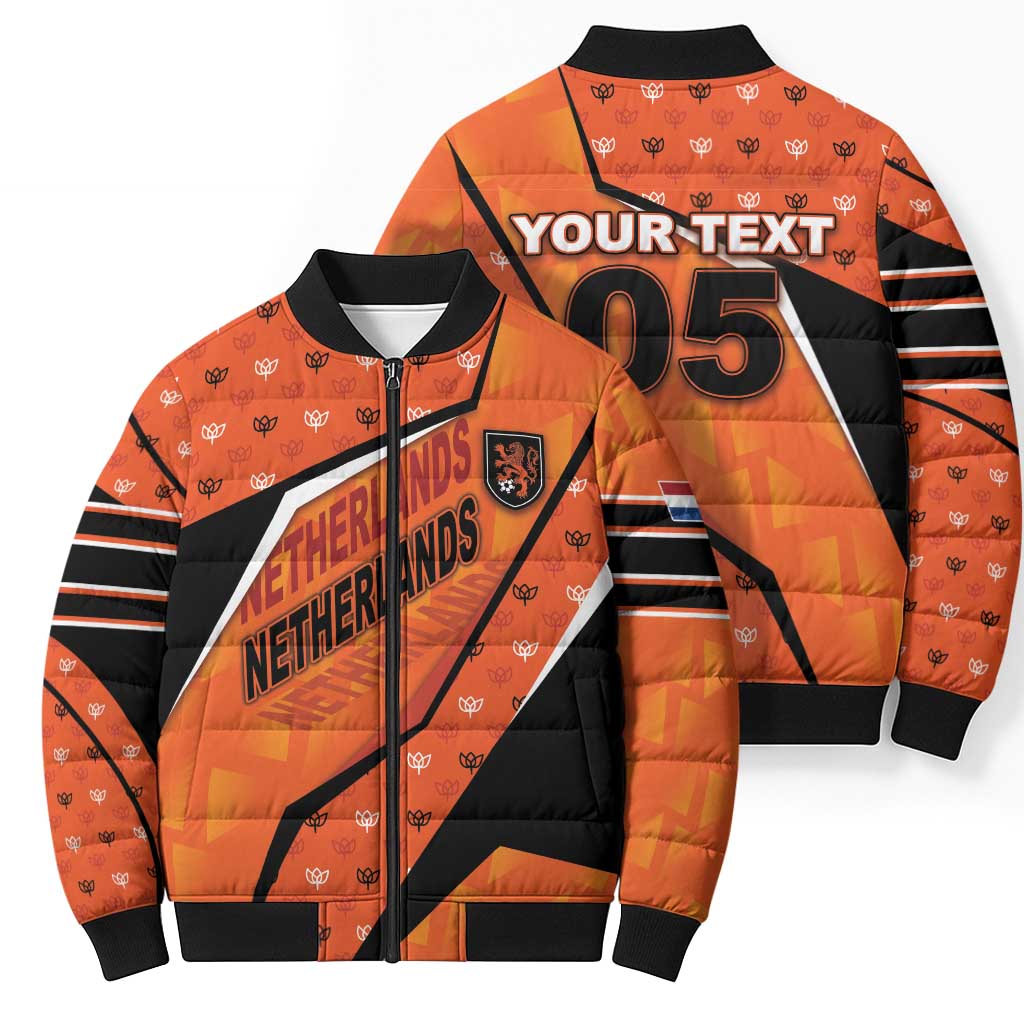 Custom Netherlands Football Bomber Puffer Jacket Dynamic Diagonal Stripe With Tulip Floral Patterns