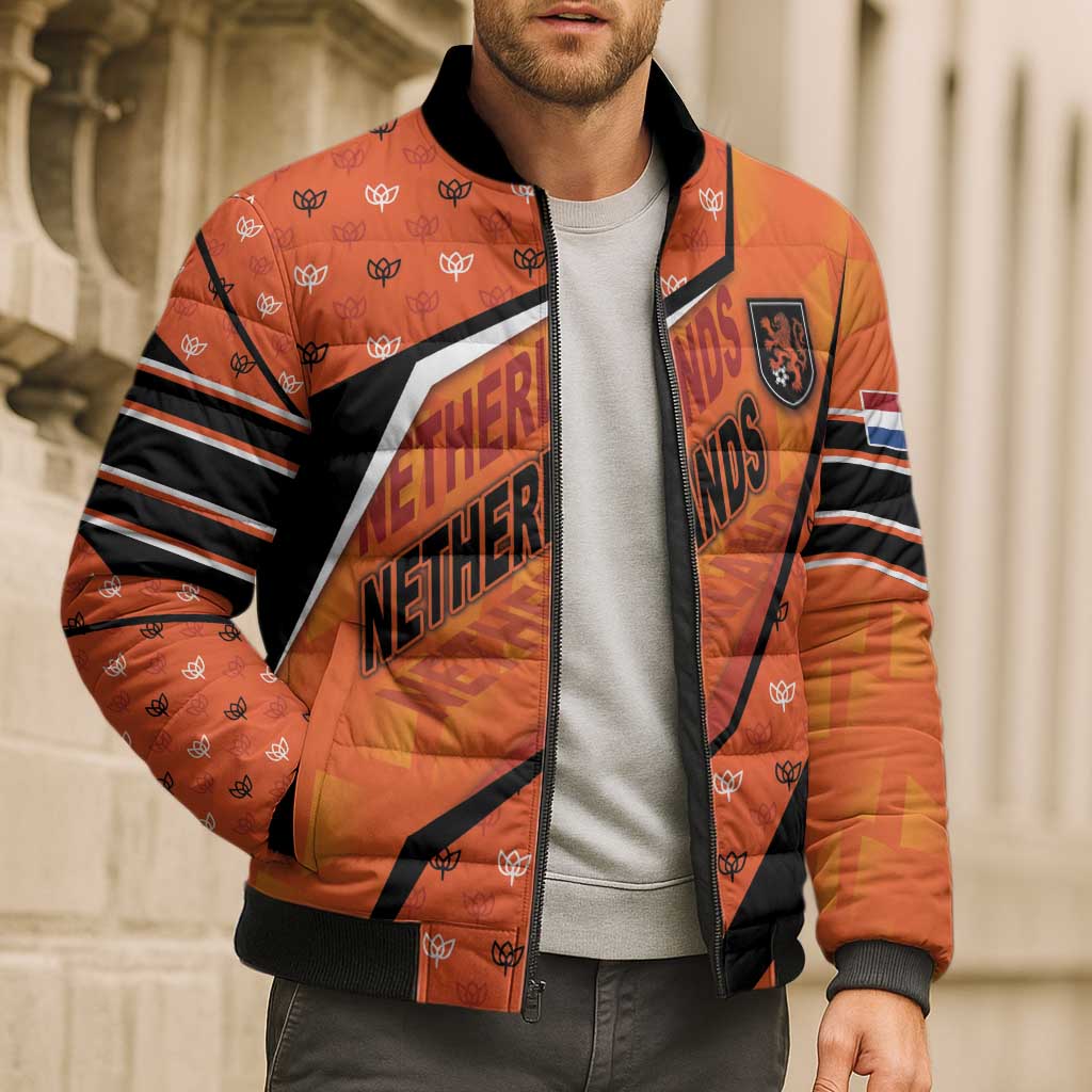 Custom Netherlands Football Bomber Puffer Jacket Dynamic Diagonal Stripe With Tulip Floral Patterns