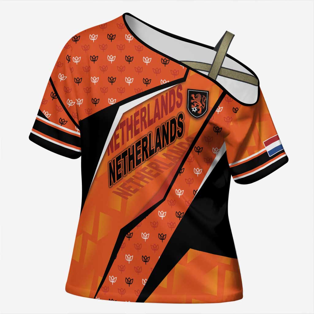 Custom Netherlands Football Cross Shoulder Shirt Dynamic Diagonal Stripe With Tulip Floral Patterns