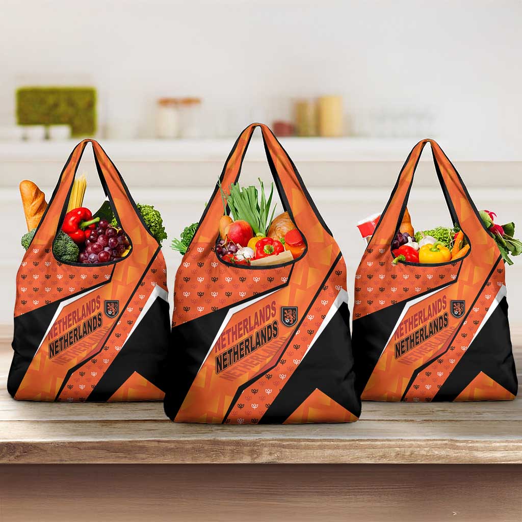 Netherlands Football Grocery Bag Dynamic Diagonal Stripe With Tulip Floral Patterns