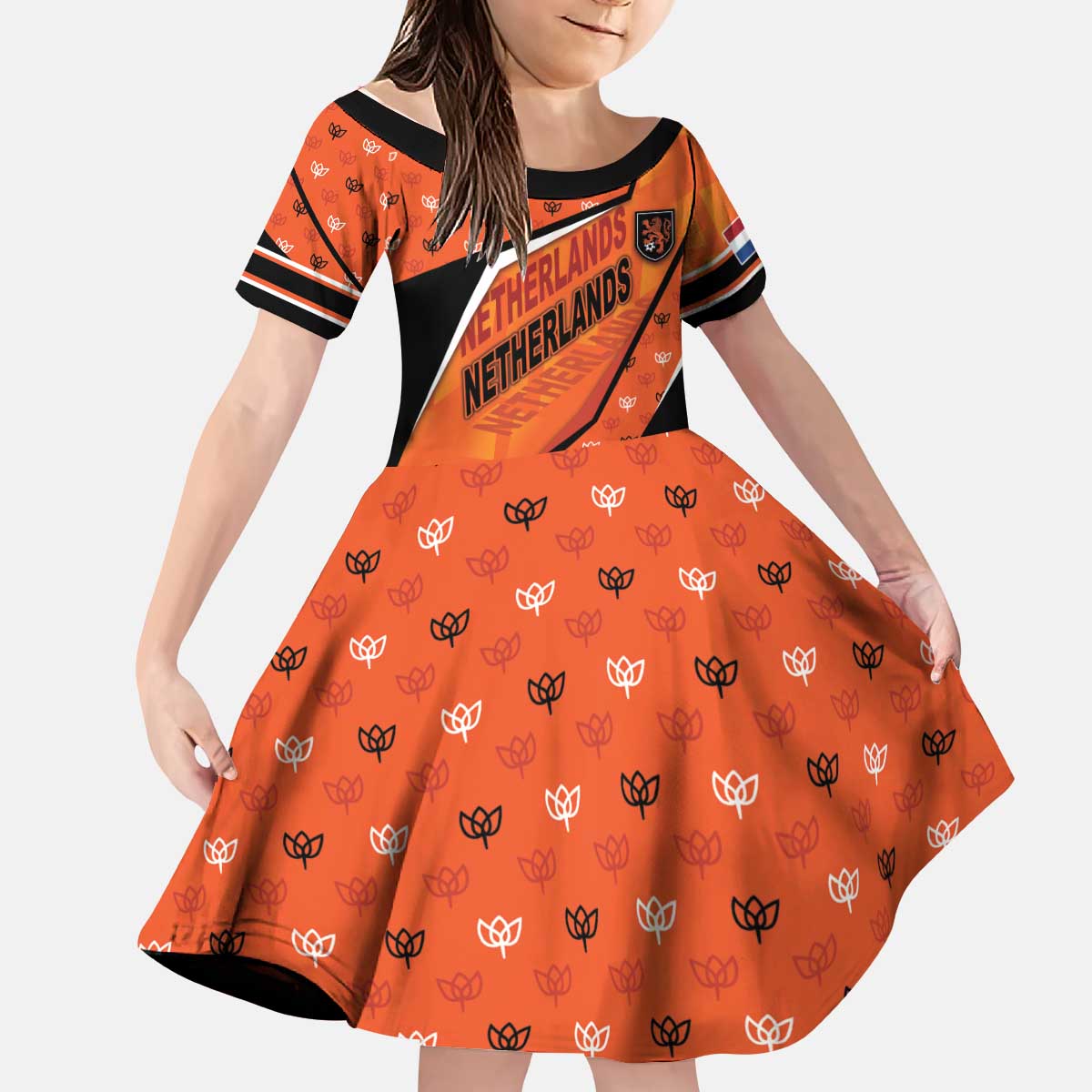 Custom Netherlands Football Kid Short Sleeve Dress Dynamic Diagonal Stripe With Tulip Floral Patterns