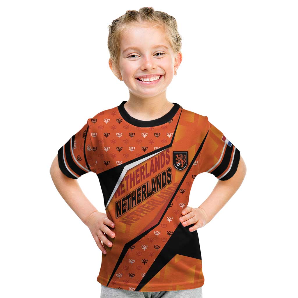 Custom Netherlands Football Kid T Shirt Dynamic Diagonal Stripe With Tulip Floral Patterns