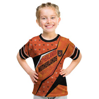 Custom Netherlands Football Kid T Shirt Dynamic Diagonal Stripe With Tulip Floral Patterns