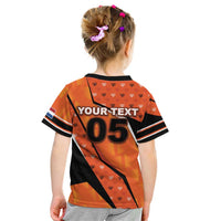 Custom Netherlands Football Kid T Shirt Dynamic Diagonal Stripe With Tulip Floral Patterns