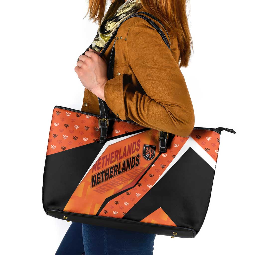 Netherlands Football Leather Tote Bag Dynamic Diagonal Stripe With Tulip Floral Patterns