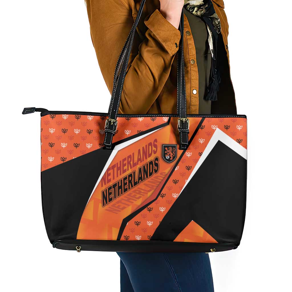 Netherlands Football Leather Tote Bag Dynamic Diagonal Stripe With Tulip Floral Patterns
