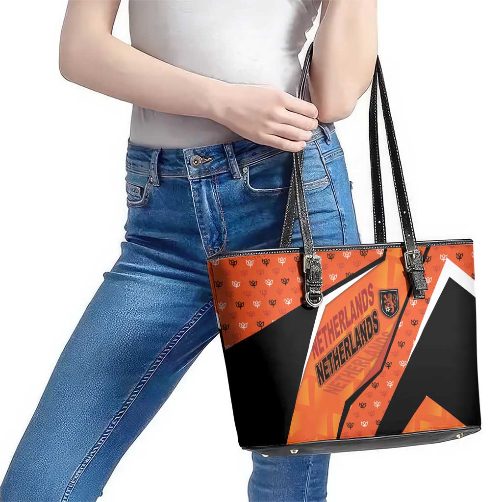 Netherlands Football Leather Tote Bag Dynamic Diagonal Stripe With Tulip Floral Patterns