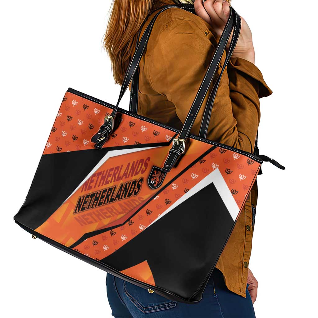 Netherlands Football Leather Tote Bag Dynamic Diagonal Stripe With Tulip Floral Patterns