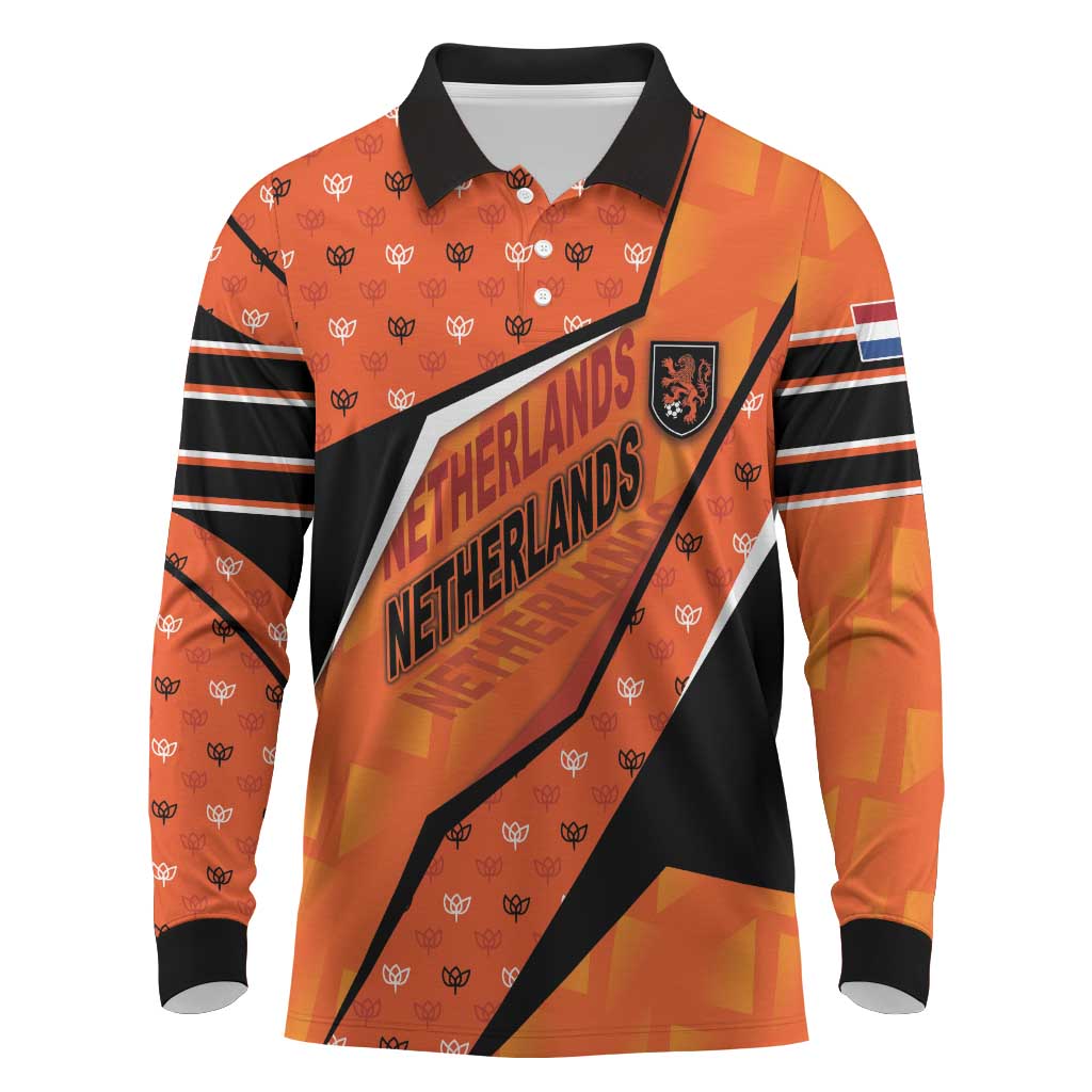 Custom Netherlands Football Long Sleeve Polo Shirt Dynamic Diagonal Stripe With Tulip Floral Patterns
