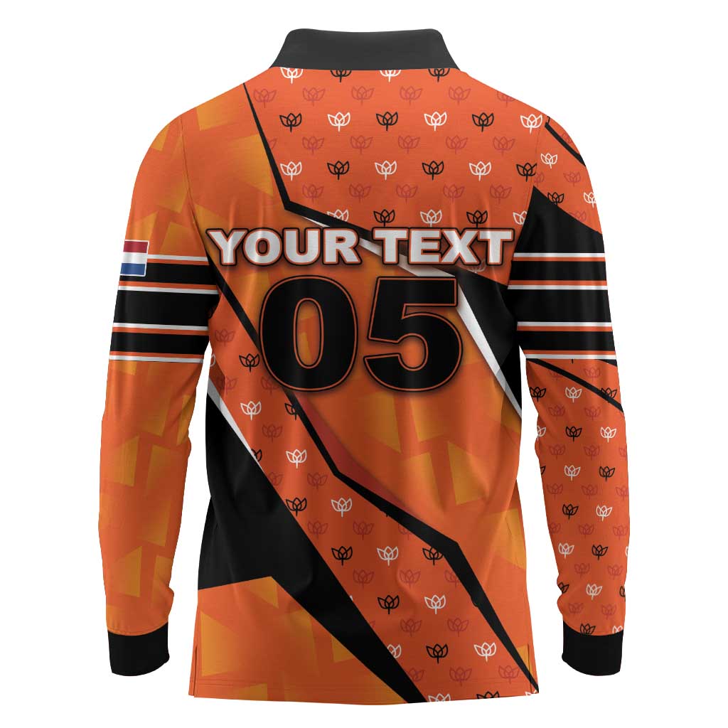 Custom Netherlands Football Long Sleeve Polo Shirt Dynamic Diagonal Stripe With Tulip Floral Patterns
