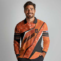 Custom Netherlands Football Long Sleeve Polo Shirt Dynamic Diagonal Stripe With Tulip Floral Patterns