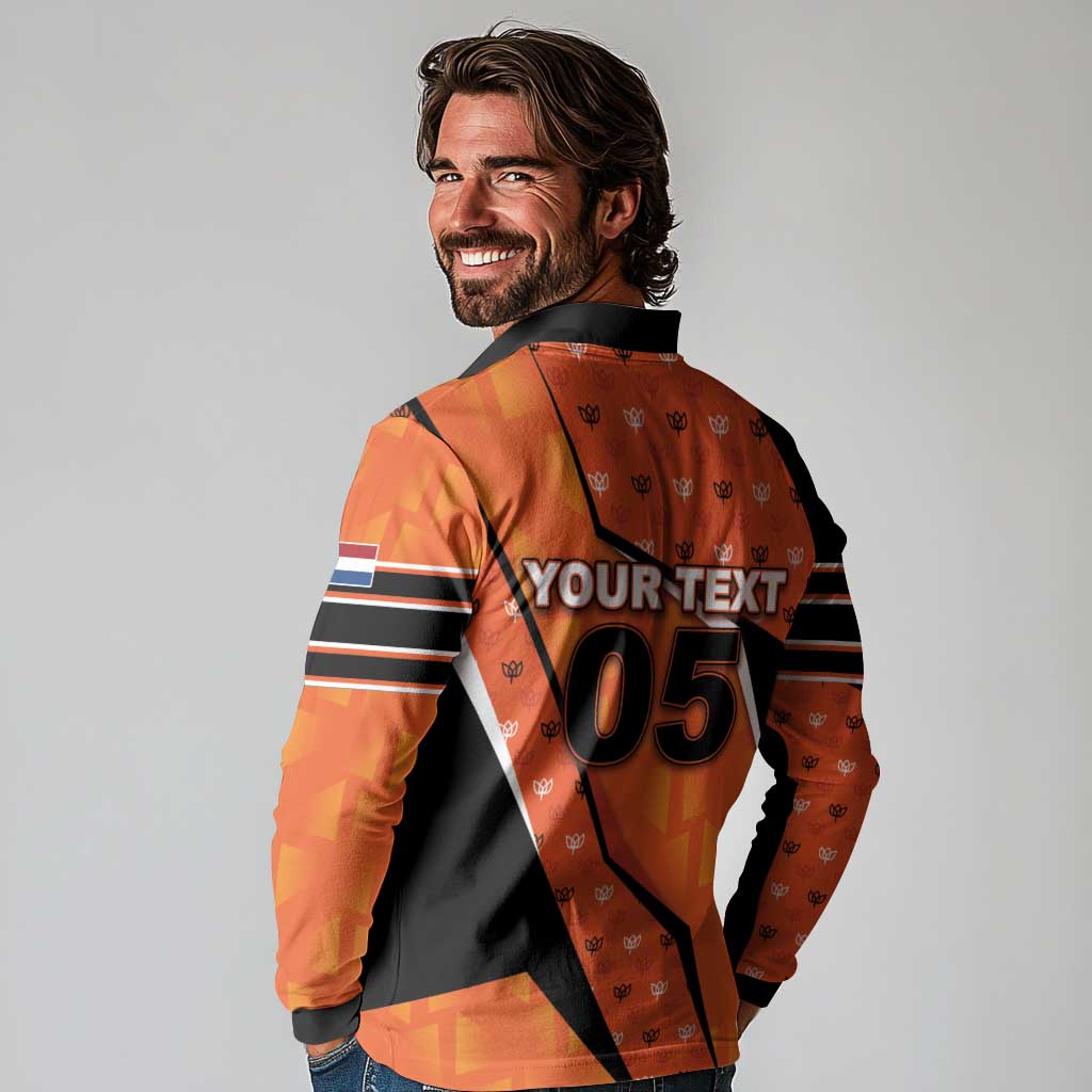 Custom Netherlands Football Long Sleeve Polo Shirt Dynamic Diagonal Stripe With Tulip Floral Patterns