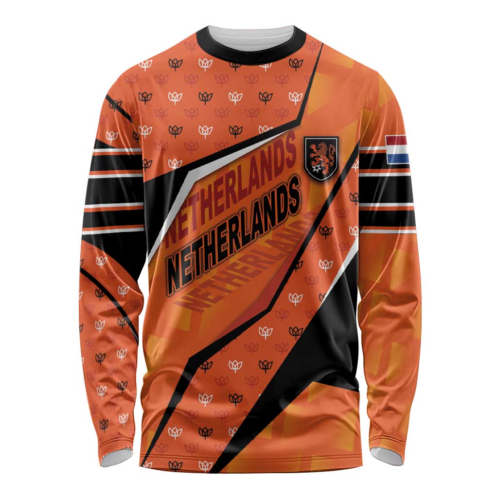 Custom Netherlands Football Long Sleeve Shirt Dynamic Diagonal Stripe With Tulip Floral Patterns