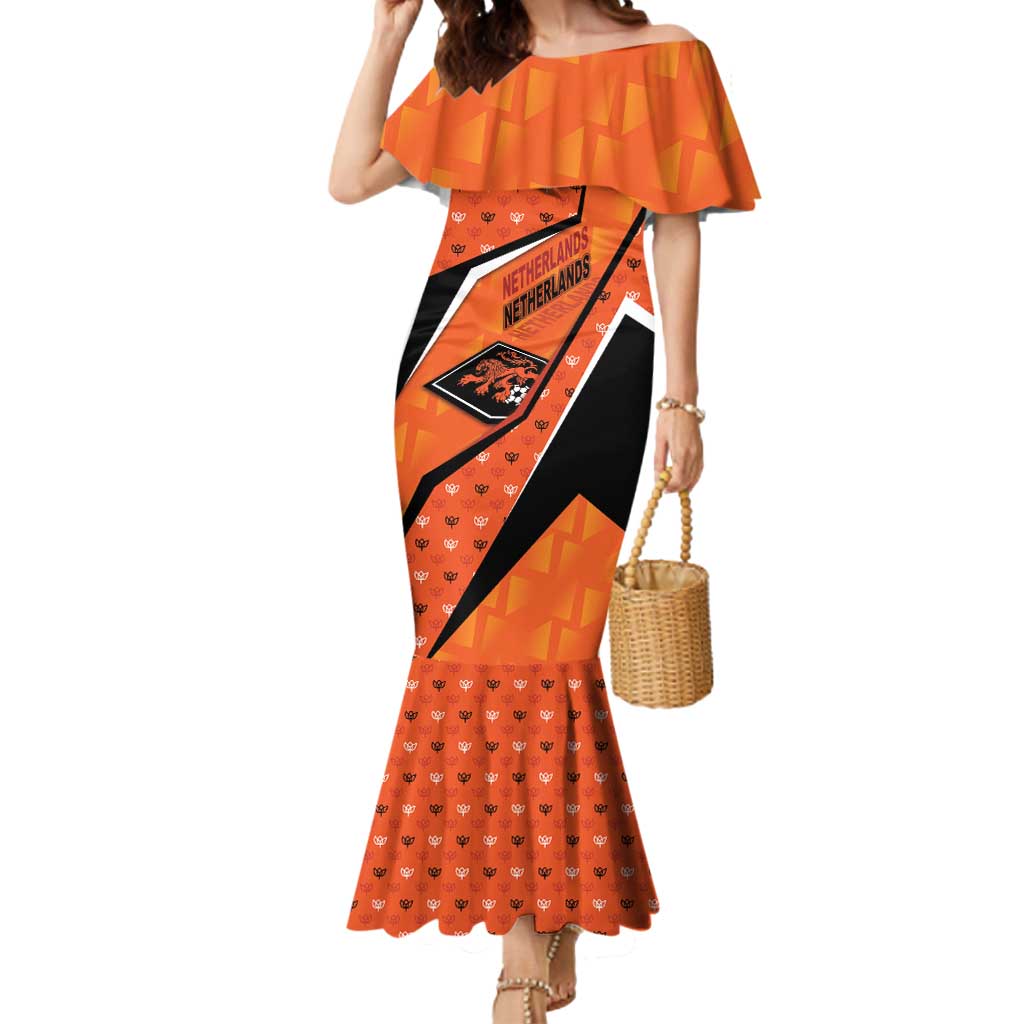 Custom Netherlands Football Mermaid Dress Dynamic Diagonal Stripe With Tulip Floral Patterns