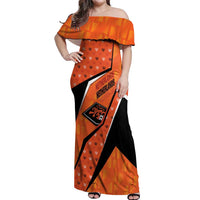 Custom Netherlands Football Off Shoulder Maxi Dress Dynamic Diagonal Stripe With Tulip Floral Patterns