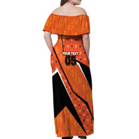 Custom Netherlands Football Off Shoulder Maxi Dress Dynamic Diagonal Stripe With Tulip Floral Patterns