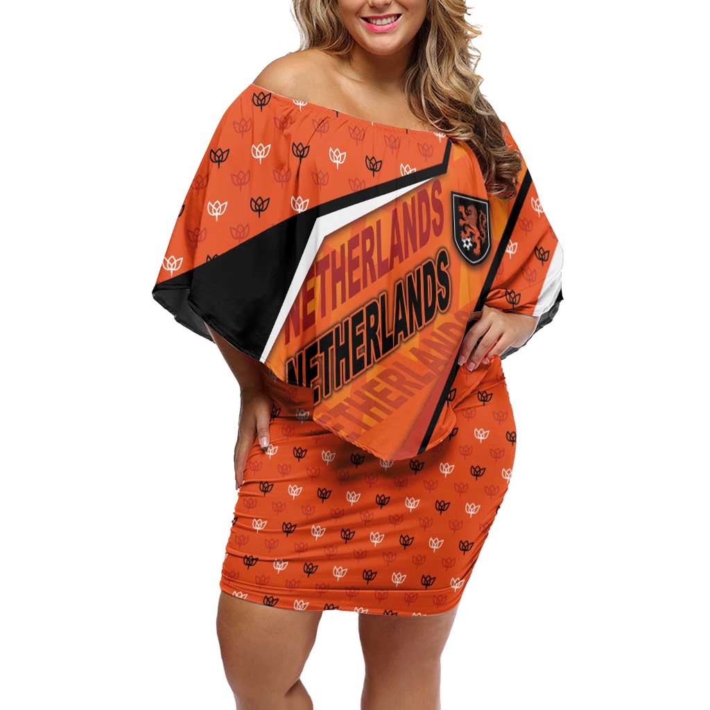 Custom Netherlands Football Off Shoulder Short Dress Dynamic Diagonal Stripe With Tulip Floral Patterns