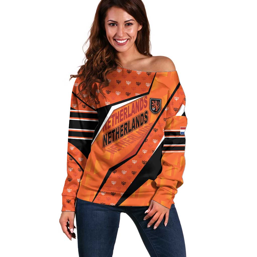 Custom Netherlands Football Off Shoulder Sweater Dynamic Diagonal Stripe With Tulip Floral Patterns