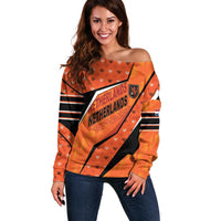 Custom Netherlands Football Off Shoulder Sweater Dynamic Diagonal Stripe With Tulip Floral Patterns