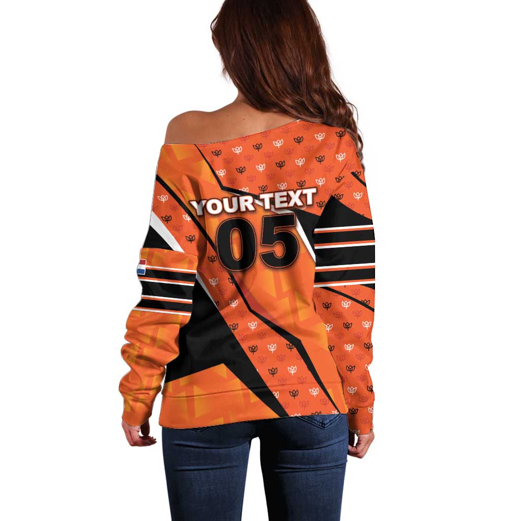 Custom Netherlands Football Off Shoulder Sweater Dynamic Diagonal Stripe With Tulip Floral Patterns